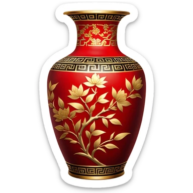 Chinese metal painting icon, intricate hand-painted Chinese patterns on metal vase, painting with a brush process, vibrant colors like red, gold, and black, delicate brushstrokes, visible fine paintbrush and metal surface, minimalistic style, clean lines, transparent background. sticker