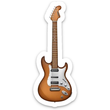 Create a sleek and detailed emoji representing a guitar. The design should feature an electric guitar or acoustic guitar with visible strings and a stylized body. Add subtle elements like musical notes to reflect the instrument's musical role. Use vibrant colors like brown for the body, black for the neck, and silver for the strings. The background should be transparent. sticker