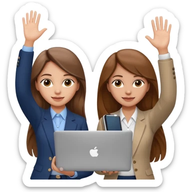 

two brown haired girls, looking professional maybe leaned on each others back and looking forward and waving with long hair and one girl can hold lap top another one can hold the phone, professional clothes, more stylish

 sticker