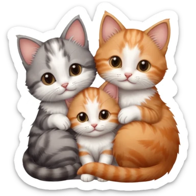 3 very small kittens cuddling together all different colours, the first one is grey and white, the second is ginger and white and the third is brown tabby and white sticker
