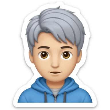 Crea un emoji a mezzo busto come ti ho già chiesto però di un ragazzo sulla 20ina ma che sembri più giovane, vestito con una felpa grigia. Occhi azzurri, capelli neri con il ciuffo davanti un po bagnato. sticker