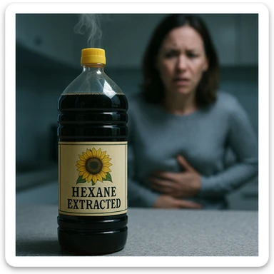 photorealistic bottle of sunflower or soybean oil on a kitchen counter, unusually dark oil, label reading 'Hexane extracted', faint toxic vapor rising from the bottle, background with a blurred worried person holding their stomach, cold clinical lighting, surreal tension sticker