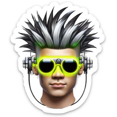 Mohawk hair Asian male cyborg head with neon silver steampunk goggles and circuits sticker