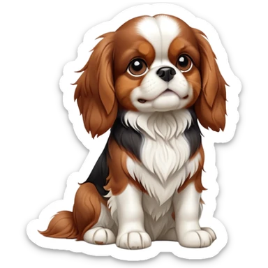 cinematic-[cavalier king charles dog]-realistic-full-body-sitting-emoji,-tail-resting-loosely-beside-its-paws,-head-tilted-dramatically,-scruffy-[brown and white]-fur,-simplified-yet-realistic-focused-features,-highly-detailed,-glowing-with-an-almost-sarcastic-glow sticker