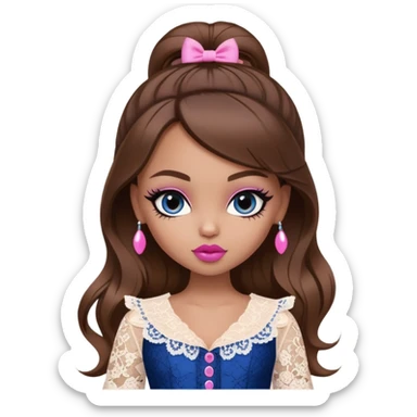 tall pretty bratz girl, brown hair, dark blue eyes, pink lips, black eyeliner, tan skin, cute lace girly clothes sticker