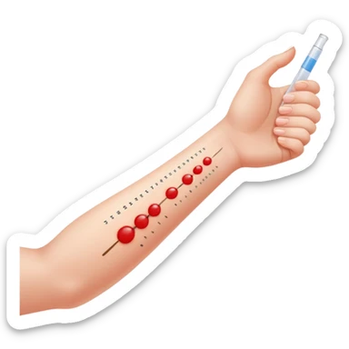 Allergy skin prick test on forearm with small red bumps showing reactions to different allergens sticker