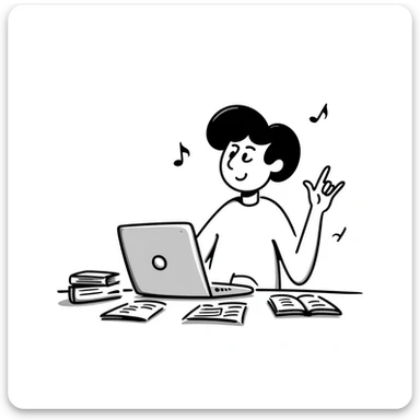 A smiling musician sitting at a desk with a laptop, raising hand during class sticker