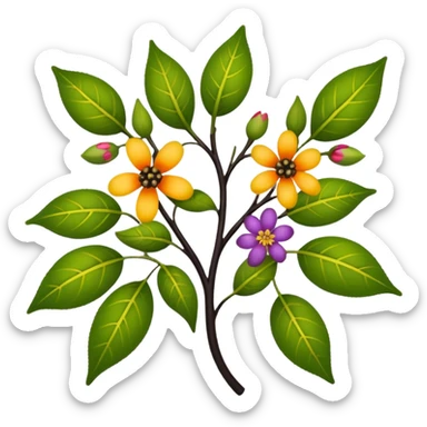 dull green leaves & colorful flowers filigree design & small fruits & ebony branches, extremely detailed, complex design sticker