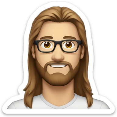 handsome guy with straight long brown hair blue eyes and transparent glasses with beard sticker