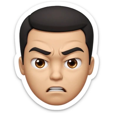 Create a 3D cartoon-style boy character with light brown skin, short straight black hair swept to one side covering part of his forehead, and an angry or annoyed expression. Sharp eyebrows, narrowed eyes, and lips pressed in irritation. sticker