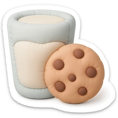 a soft and plush cushion style illustration of a glass of milk and a chocolate chip cookie, pastel colors sticker