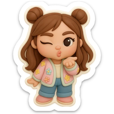 Create a 3D chibi fondant cake art style image with high-quality rendering, smooth shadows, and soft gradients. The girl should be based on the reference image, preserving facial features and eye shape exactly as in the 'thumbs down' sticker. She has long brown hair styled in two space buns, brown eyes, wearing jeans, a pastel floral cardigan, and shoes. Add a thick white outline like a sticker and ensure a transparent background. The expression is blowing a kiss and winking. The face, hairstyle, eye shape, and shoes must match the reference exactly. sticker