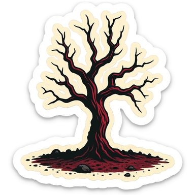Create a dark, gloomy dry tree as shown in the reference image. Use the retro stickers style with clear black outlines, expressive shadows and highlights. Avoid gradients, use only sharp color transitions. sticker