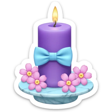 Purple candle on a white marble-candle-holder-stand, flowers, bow tie, light-blue, pink, white, pastel purple, aesthetic sticker