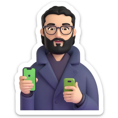 professional man standing upright, wearing black coat, with medium black beard, neat black hair, connected unibrow, olive tan skin, brown eyes, glasses, prominent nose, holding a smartphone sticker