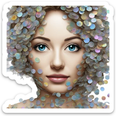 Person face portrait made entirely of holographic vinyls music discs cds and music notes sticker