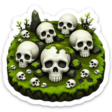 A creepy moss covered ground with skulls from a top down perspective. In the style of your bleeding skull art. sticker
