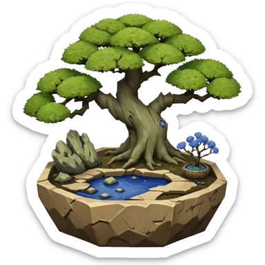 Alien landscape mudman very old broken cracked intricate Stone Age rocky-crusted irregular dodecagon-shaped shallow dark moss rough bark blue willow flowered maple tree bonsai pot sticker