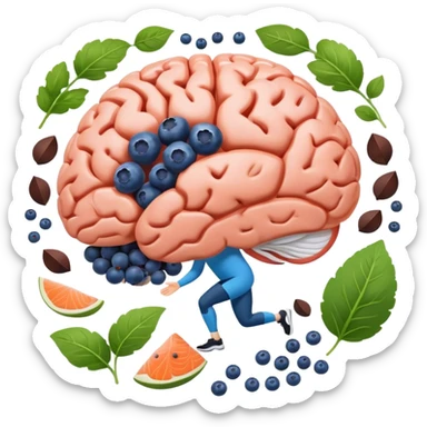 brain surrounded by healthy lifestyle choices, exercising, salmon, dark chocolate, blueberries, seeds, leafy greens . brain booster sticker