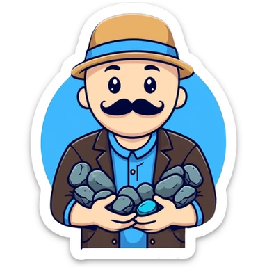 A white bald man in a deactivated hat with a mustache holding blue rocks  sticker