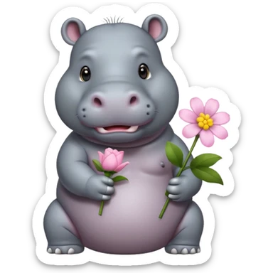 hippo holding flower sticker