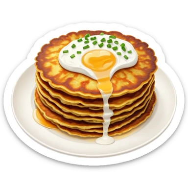 Cinematic Realistic Placki Ziemniaczane Dish Emoji, depicted as crispy potato pancakes served with sour cream rendered with vivid textures and warm, appetizing lighting. sticker