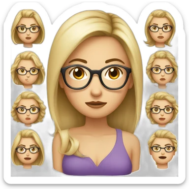 Upset, white women, brunette with blonde highlights hair, big round glasses sticker