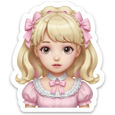pale girl , who has curly medium length blonde and baby pink swirled hair with bangs , grey eyes , and doll like makeup , in a light pink lolita hime gyaru dress  sticker