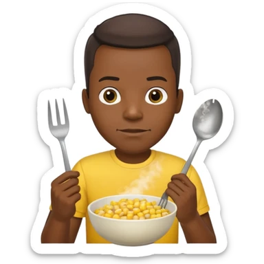 BLACK MAN WITH YELLOW SHIRT, HOLDING AN FORK AND A COOK CORN BOWL sticker