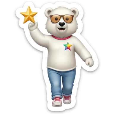 friendly anthropomorphised polar bear walking, excited expression, wearing shirt, jeans, trainers, oversized colorful star glasses sticker