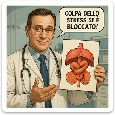 hyper realistic doctor holding a stylized diaphragm with a large knot, reassuring expression, comic with the phrase 'Colpa dello stress se è bloccato!', realistic details, medical environment sticker