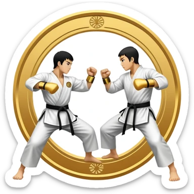 Round emblem symbolizing striking martial arts. The emblem features two fighters in dynamic stances, one delivering a powerful punch while the other defends with a block. In the center, a stylized fist and foot crossed to represent the essence of striking.  sticker