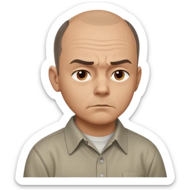 Carl from Sling Blade, serious expression, recognizable features, chin sticking out, slouching posture, no glasses, shirt with collar,  side view,show his entire body, he is standing. three-quarter face angle. He sticks his head forward. face should be more realistic sticker