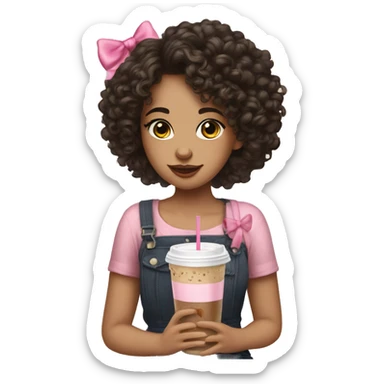 A girl with mixed skin and dark curly hair with a pink bow in her hair and an iced coffee in her hand ￼ sticker