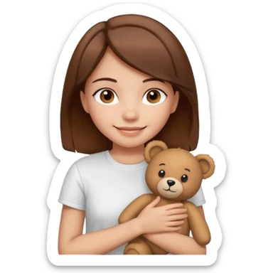A Girl with Brown hair and Brown eyes with a t-shirt White. The t-shirt have dels a Teddy bearthe Gor have White skins and she is smiling sticker