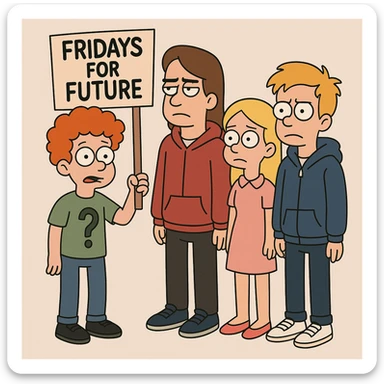 Fridays for Future a boy orange curly hair green question t-shirt jeans black shoes boy brown Hockey Hair red hoodie black trousers navy blue trainer shoes girl yellow hair with shirt dress pink shoe boy Yellow Orange hair blue jackets hoodie dark blue jeans white shoe  sticker