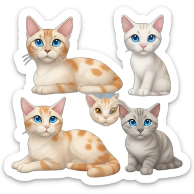 one grey lynx point siamese cat with blue eyes, one orange and white tabby cat, and one orange cat with orange eyes sticker