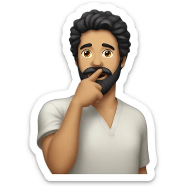 A guy with his finger in his mouth making the silence sign, black hair, beard sticker