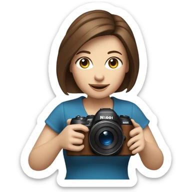 Portrait of stylish woman with blue eyes and brown bob hair holding a nikon camera￼ in hands sticker