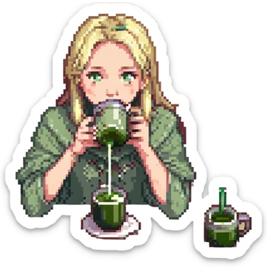 blonde girl drinking matcha, pixel art style sticker