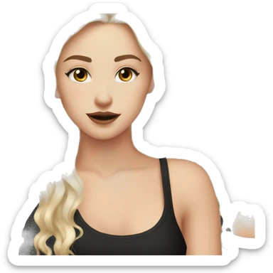 White Girl with long wavy blonde hair eyes closed smiling black tank top and black makeup sticker