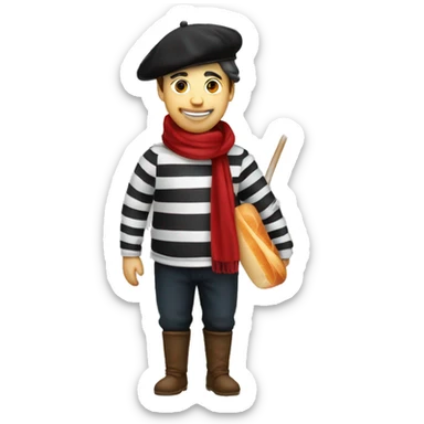 a french guy with a beret, black and white striped clothes, a red scarf and a baguette on his back. And a glass of red wine sticker