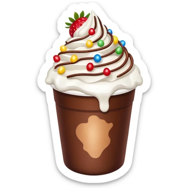 Un vaso plástico cubierto de chocolate que arriba se vea crema batida que por encima se vean fresas y chispas de colores  sticker