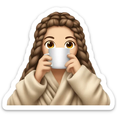 white girl with brunette double braid hair in beige cozy blanket drinkin coffe in beige mug sticker