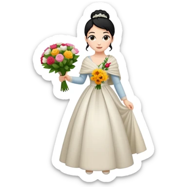 Chica blanca,cuerpo entero, vestido boda ,manga larga ,con estola, pelo negro,    ramo de flores una mano, pelo recogido en moño alto sticker