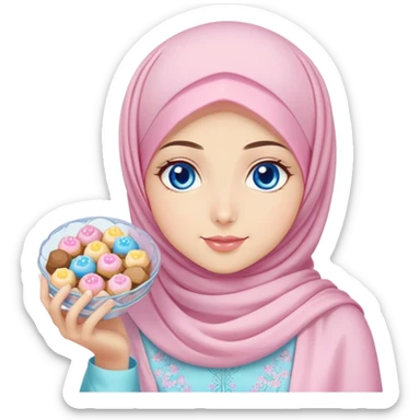 Turkish beautiful finish Konya girl blue eyes with pastel sakura hijab islamic dress and had on her hand text Eid Mubarak with sweets and celebrating with her friends eid days   sticker