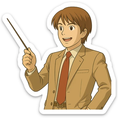 Change the angle of the teacher's stick so Light Yagami is pointing to the right, confident expression, Ghibli style, transparent background. sticker