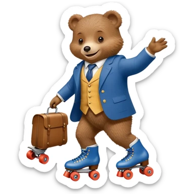 Paddington bear wearing a suit with roller skates on his hands sticker
