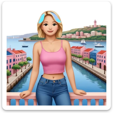 jennifer lawrence, pink crop top, and blue jeans, leaning on a balcony with a harbor and cityscape in the background, smiling sticker