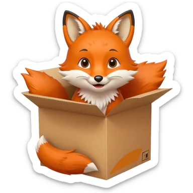 adorable fox peeking out of a cardboard box, smiling, kids toy look sticker